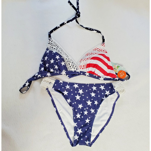 Women's Bikini Swimsuit Junior Size L Bikini Red White Blue Crochet Trim - Picture 4 of 10